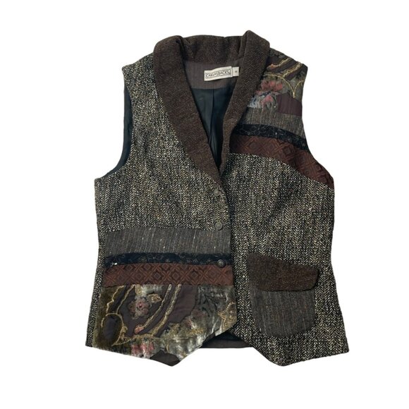Canvasbacks Patchwork Women's Vest Size 8 Brown Multi-Fabric Boho Chic Layered L - Picture 1 of 7